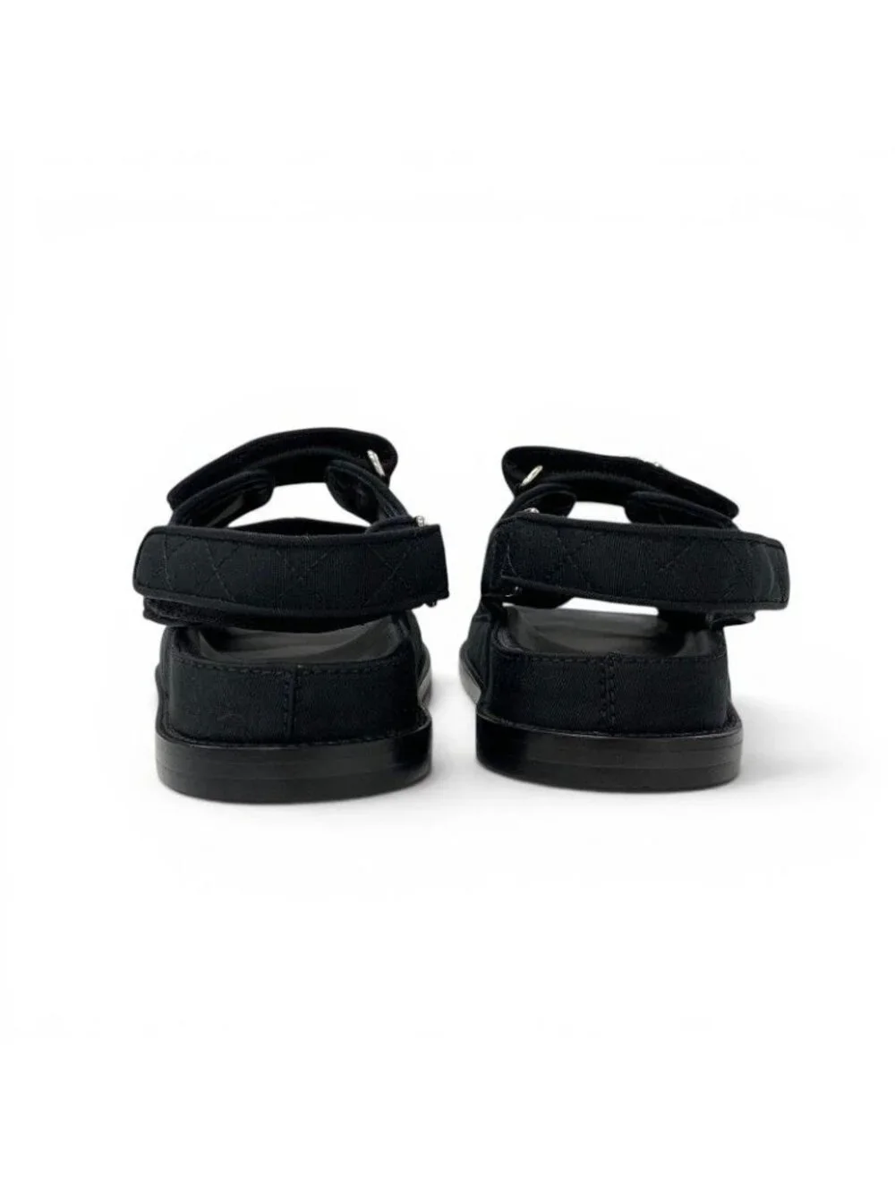 Chanel Sandals Shoes Fabric Black CC Logo Rhinestone Velcro Flat